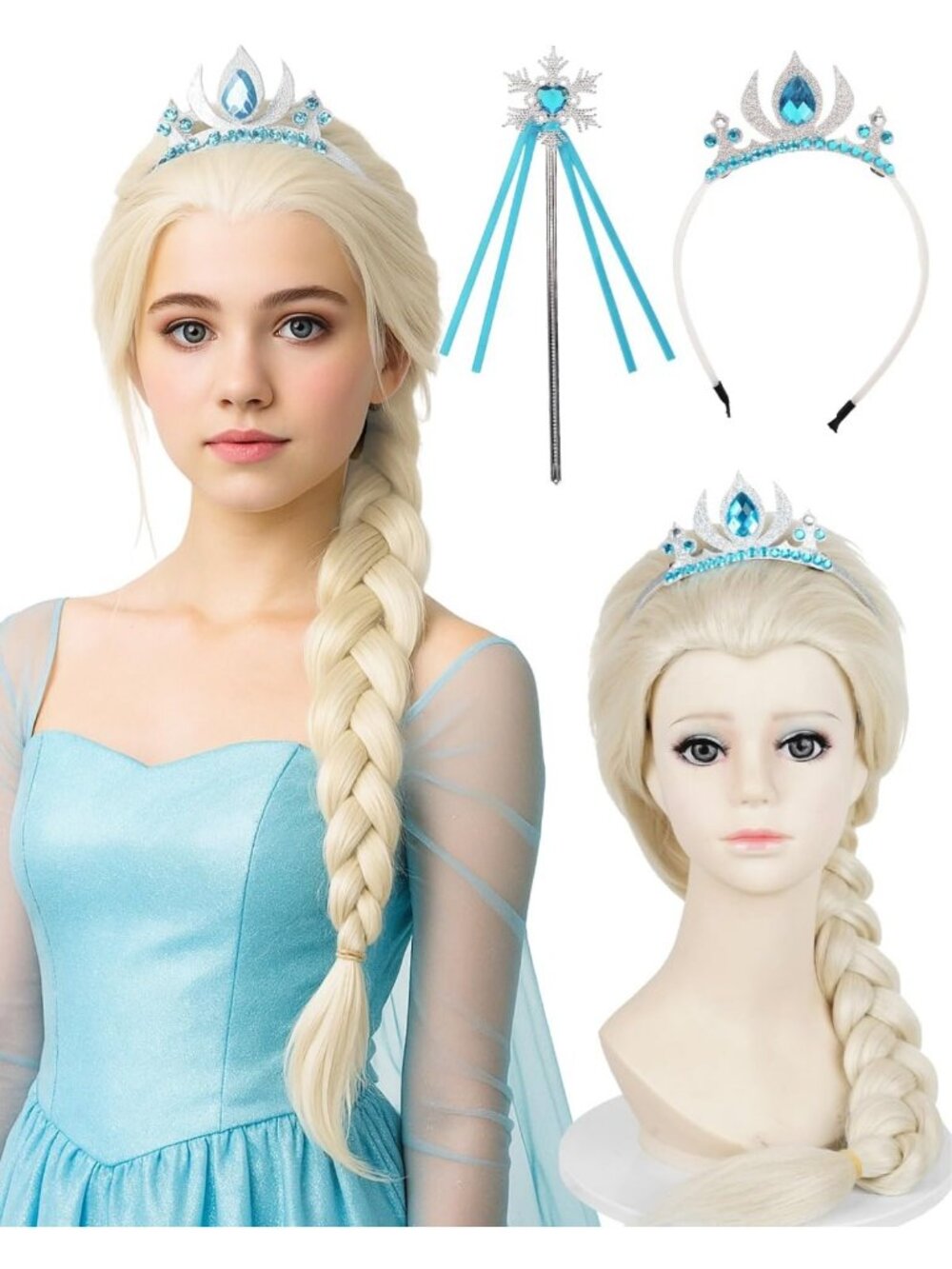 Platinum Blonde Mermaid Braided Wig with Crown & Wand - 19.69'' Long Costume for